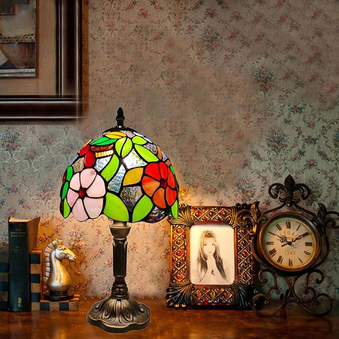 Tiffany Table Lamp,8X8X15Inch Small Antique Rose and Grape Pattern Stained Glass 3 Color Temperatures Bedside Nightstand Table Lamps for Bedroom Living Room Home Office+LED Bulb