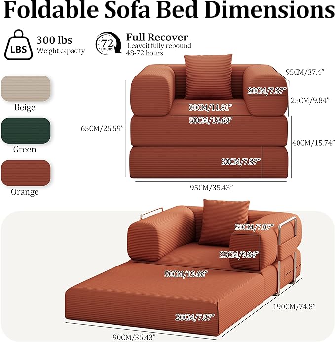 BSHOMGI Folding Sofa Bed, 2 in 1 Convertible Sofas to Lounger Comfy Single Bean Bag Chair Floor Portable Foldable Sleeper Lazy Futon Couch Chair for Bedroom, Living Room(Orange, 35.43" Single Sofa)