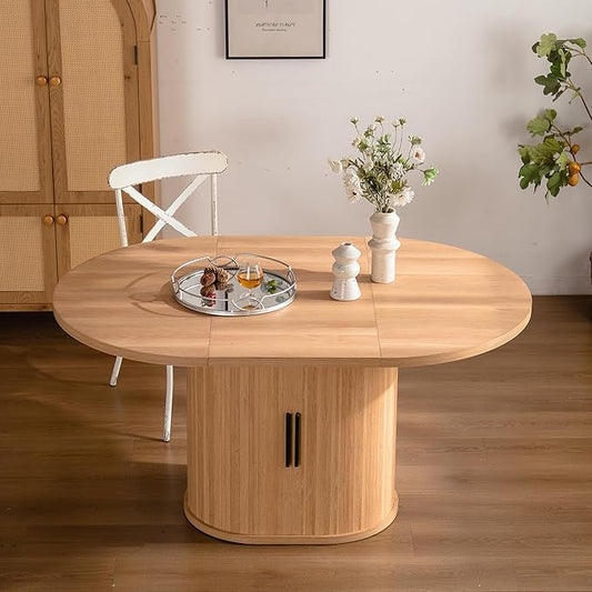 KEIKI Dining Table for 4-6, 59 Inch Modern Dining Room Table with 2-Layer Storage Shelf and Wood Slide Door, Oval Circle Dinner Furniture with Pedestal Base for Dining Room