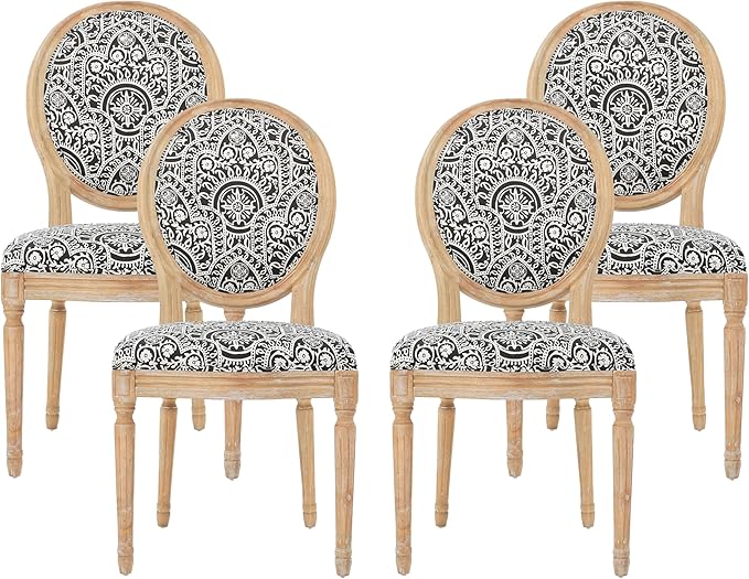 Christopher Knight Home Hulda French Country Fabric Dining Chairs (Set of 4), Black and White Pattern, Natural