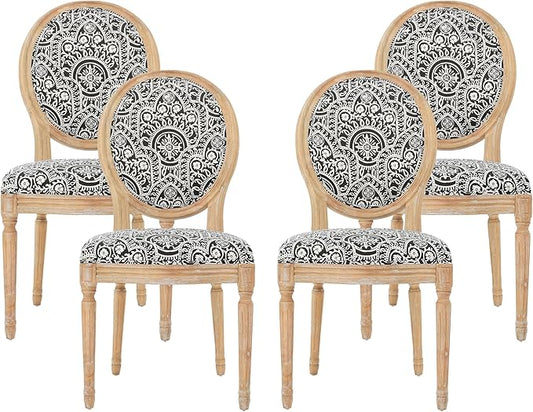 Christopher Knight Home Hulda French Country Fabric Dining Chairs (Set of 4), Black and White Pattern, Natural