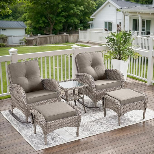 Belord 5 Piece Patio Rocking Chairs Furniture Set - Outdoor Wicker Furniture with Ottomans and Side Table, Rattan Conversation Bistro Set for Balcony Deck Porch