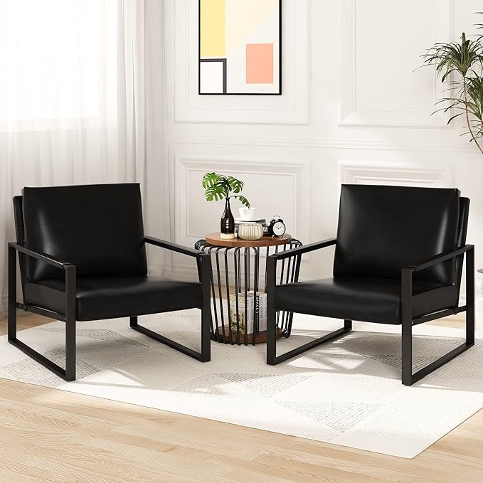 AWQM Leather Accent Chair Set of 2 Sofa Chair with Extra-Thick Padded Backrest and Seat Cushion Single Sofa for Living Room Bedroom, Black Metal Frame, 105 Degree Slant Back-Black（Set of 2）