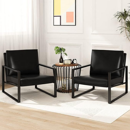 AWQM Leather Accent Chair Set of 2 Sofa Chair with Extra-Thick Padded Backrest and Seat Cushion Single Sofa for Living Room Bedroom, Black Metal Frame, 105 Degree Slant Back-Black（Set of 2）