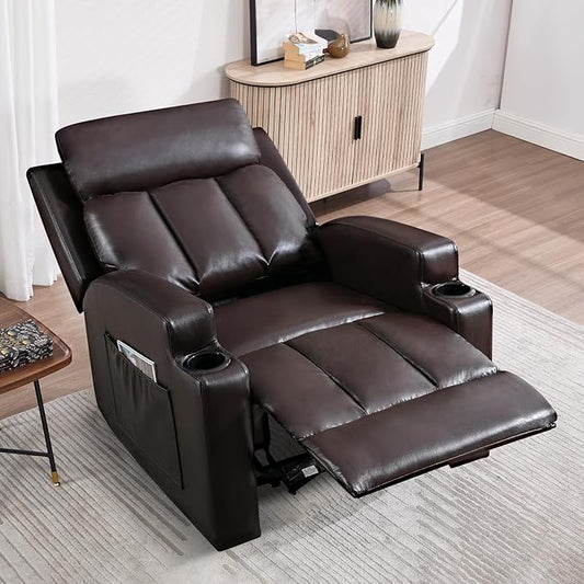 CANMOV Manual Recliner Chair with Massage and Heat,Breathable Leather Recliner Chair with Armrest and Backrest, Manual Reclining Single Sofa with 2 Cup Holders, Side Pocket for Living Room,Dark Brown