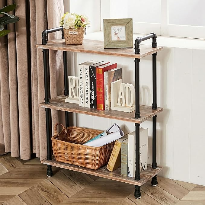 Industrial Bookshelf, 3 Tier Pipe Shelving, Industrial Pipe Shelf - Weathered Brown, 29.5" L x 11.8" W x 39" H