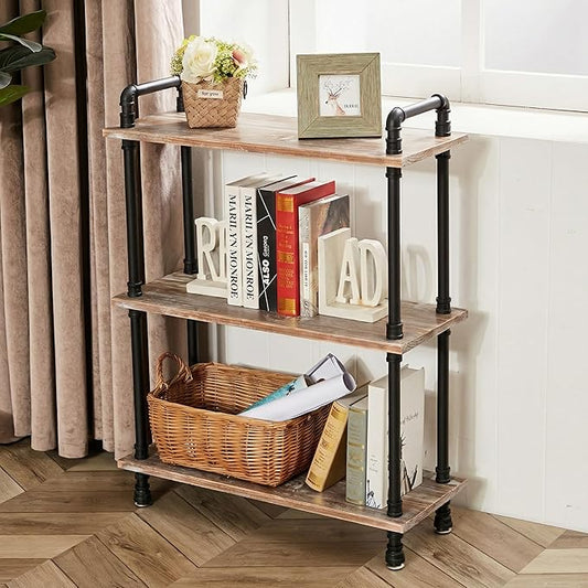 Industrial Bookshelf, 3 Tier Pipe Shelving, Industrial Pipe Shelf - Weathered Brown, 29.5" L x 11.8" W x 39" H