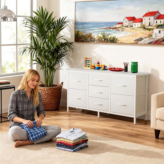 DUMOS TV Stand 7 Drawer Dresser for Bedroom with Storage TV Stands for Living Room White, Farmhouse Entertainment Center Media Console Table with Metal Frame Adjustable Feet