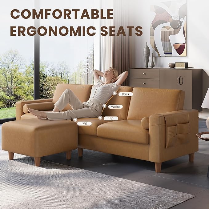 Vesgantti 100" L Shaped PU Leather Sofa with Movable Ottoman, 3 Seater Faux Leather Couch with Side Pocket, Comfy Modern Modular Sectional Couch for Living Room, Apartment, Camel