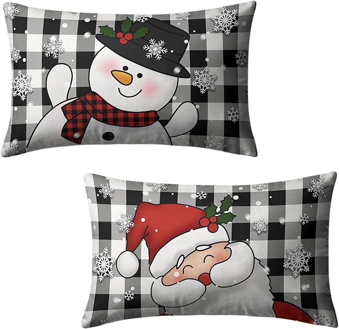 Christmas Santa Lumbar Pillow Covers 12x20 Set of 2 Snowman and Xmas Santa Rectangle Cushion Case Christmas Black Buffalo Plaid Waist Throw Pillowcases for Living Room Bedroom Sofa