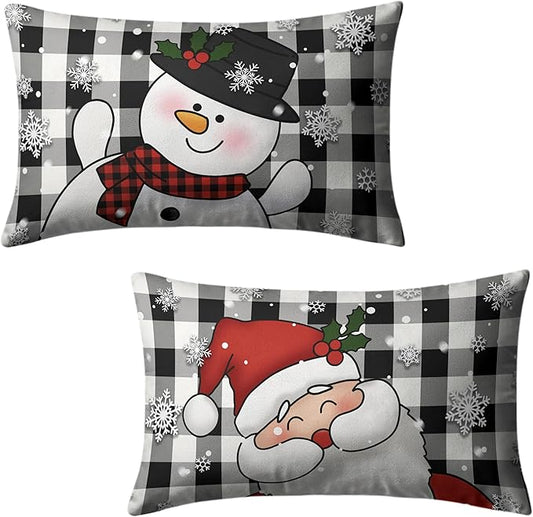 Christmas Santa Lumbar Pillow Covers 12x20 Set of 2 Snowman and Xmas Santa Rectangle Cushion Case Christmas Black Buffalo Plaid Waist Throw Pillowcases for Living Room Bedroom Sofa