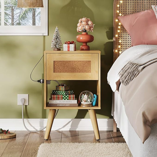 WLIVE Rattan Nightstand with Charging Station, Boho Night Stand, Small Bedroom Side Table, End Table with Drawer and Storage, Wood Bedside Tables for Bedroom, Small Spaces, Natural Oak