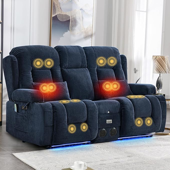 IPKIG Power Recliner Sofa with Flip-Up Backrest Console, USB & USB-C Ports, AC Outlet, LED Lights, Wall Hugger Recliners for Living Room, RV (Navy Blue, 67" - 3 Seat) | Velvet Fabric, Zero Gravity, Dual Reclining, 2 Lumabr Pillow, Bluetooth Speakers