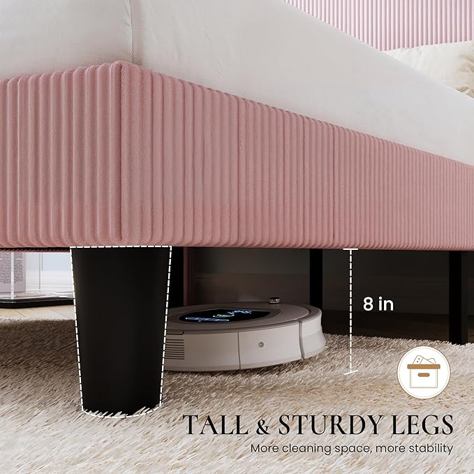 SHA CERLIN King Size Corduroy Upholstered Platform Bed Frame with Vertical Channel Tufted Wingback Headboard, 8" Under Bed Storage, Wooden Slats & Metal Frame Support, Easy Assembly, Light Pink