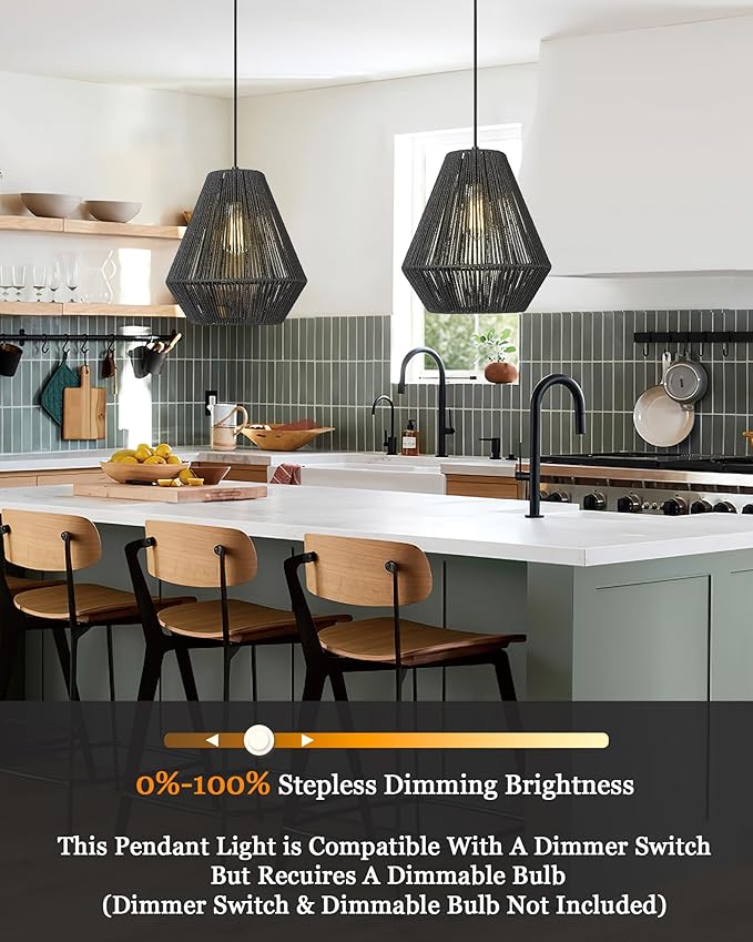 ELYONA Modern Woven Pendant Light Fixtures 12" Farmhouse Coastal Hanging Lamp Matte Black Handwoven Rattan Basket Shade Boho Pendant Light for Kitchen Island Dining Room Bar Bedroom Foyer Hallway