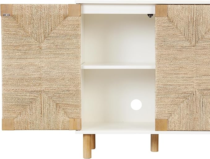 Nathan James Beacon Accent Natural Sideboard Storage Cabinet TV Stand with Adjustable Interior Shelf and Seagrass Doors, for Hallway, Entryway or Dining Room, Light Brown/White, Set of 3