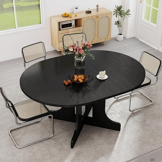 43"-59" Extendable Dining Room Table for 4-6, Expandable Round Dining Table, Oval Tabletop with Trestle X-Shaped Base & Metal Track for Office, Living Room-Black