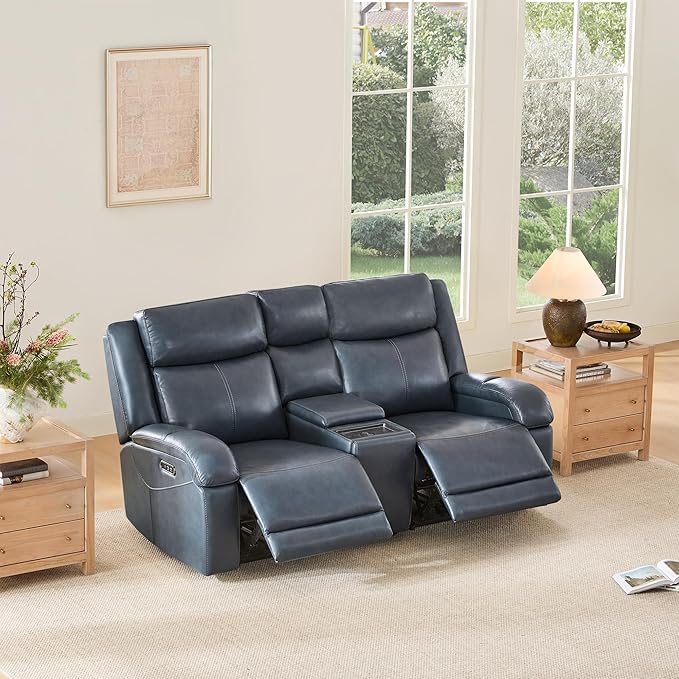 Watson & Whitely Genuine Leather Power Loveseat Recliner Sofa, Wall Hugger Loveseat Reclining Sofa with Storage Console, Power Headrest, Cup Holders, Dual Recliners for Living Room, RV, Navy Blue
