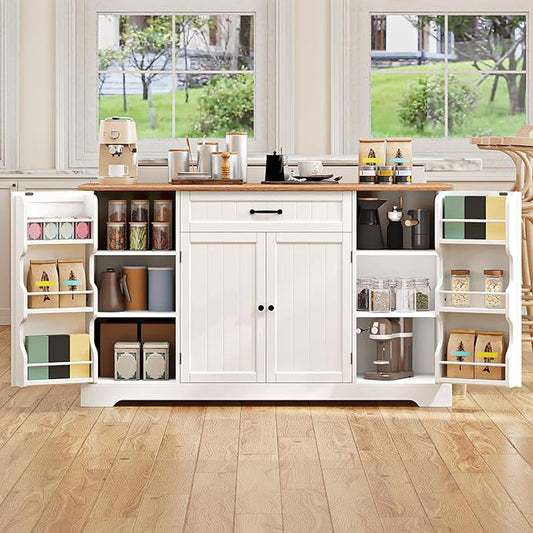 Gizoon 56" Kitchen Coffee Bar Cabinet with Storage Kitchen Sideboard Buffet Cabinet with Drawers, Short Pantry with Door and Shelves for Bathroom and Living Room, White and Rustic