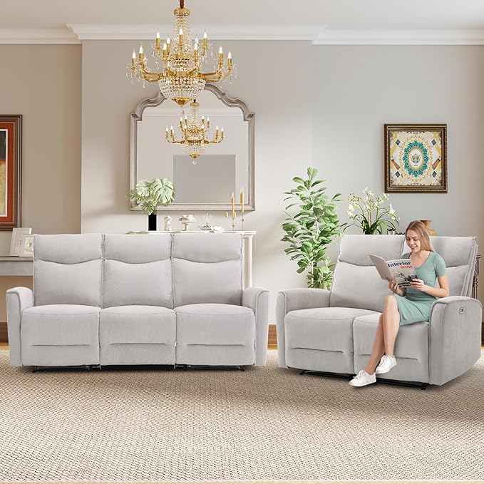 ANJ 2 Pieces Recliner Sofa Furniture Set,Include 2-Seater Loveseat Recliner Sofa and 80" Wide Overstuffed 3 Seater Reclining Couch for Living Room, Light Grey