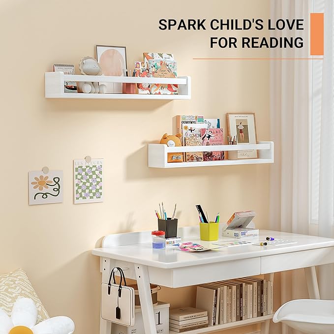 Heimlove Nursery Floating Shelves, Solid Wood Nursery Book Shelves for Wall, 24 inch Bookshelf for Kids, Wall Mounted Shelves for Books,Toys and Decor Storage, Set of 3 (White)