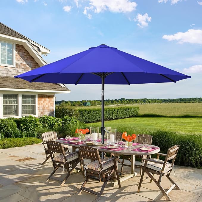 MASTERCANOPY 10FT Patio Umbrella with Push Button Tilt and Crank, Outdoor Market Umbrella with 8 Sturdy Ribs, UV Protection & Waterproof for Garden, Deck, Backyard, Pool (Blue)