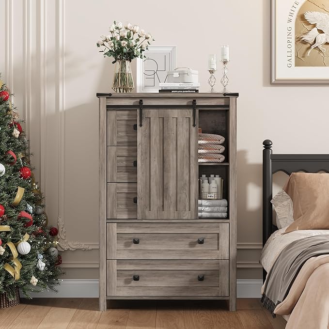 GarveeHome Farmhouse 5 Drawer Dresser for Bedroom, 48 in Tall Wood Dresser Chest of Drawer with Sliding Barn Door, Adjustable Shelf, Storage Organizer for Bedroom, Hallway, Living Room, Kitchen, Grey