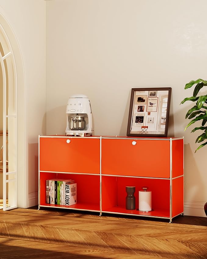 Metal Sideboard with 2 Flap Doors, DIY Modern Home Furnishing,Perfect for Home, Office, Kitchen, Hallway,Foyer Organization(Matt Orange)