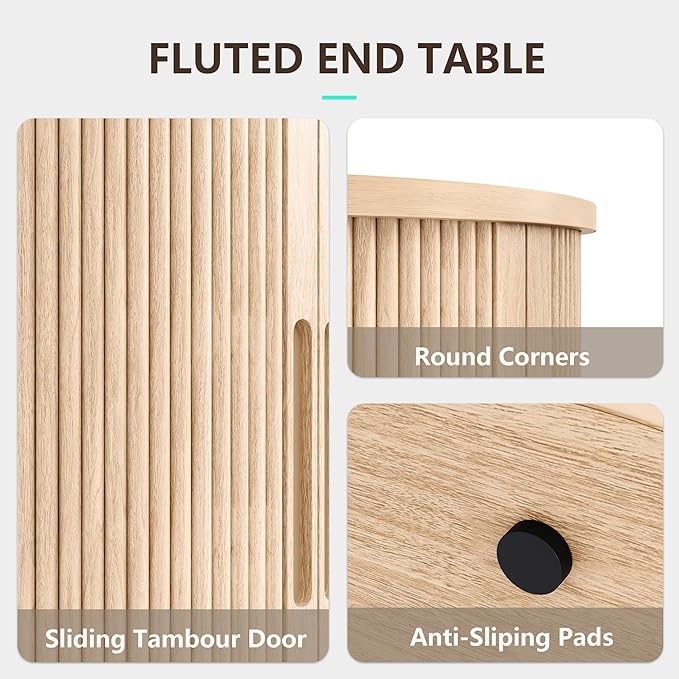 LINSY HOME Round End Table, Fluted Side Table with Sliding Tambour Door and Storage Shelf, Mid Century Modern Circular Nightstand for Bedroom, Wood Boho Tall Bedside Cabinet for Small Space, Oak