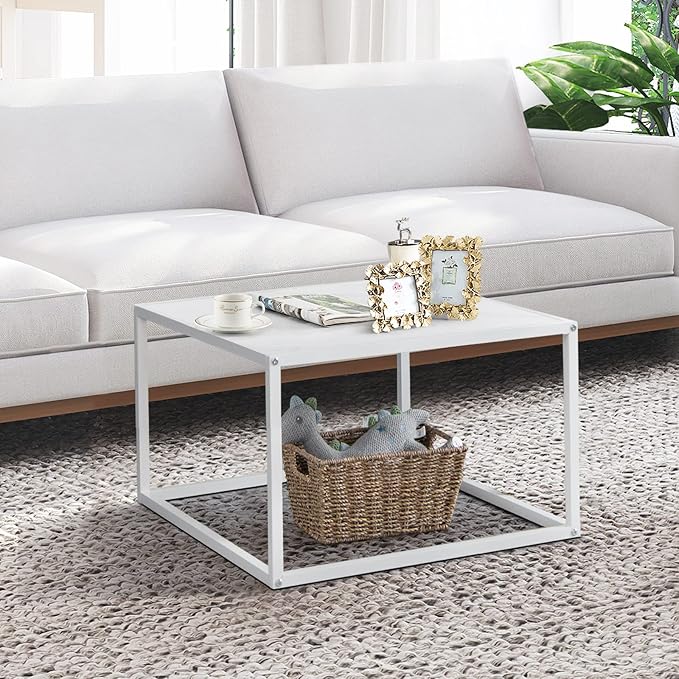 Giantex Square Coffee Table with Faux Marble Tabletop & Steel Frame, Center Cocktail Table, Accent Living Room Furniture, Low Bedside Table, Easy Assembly (White)