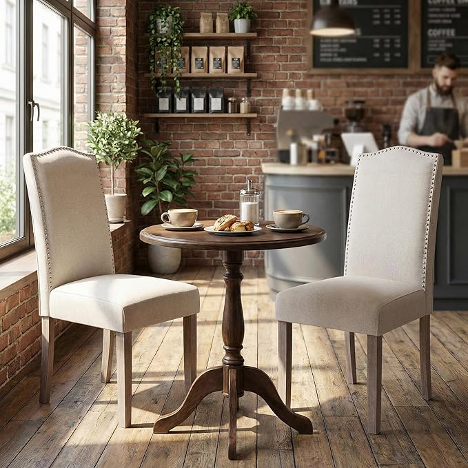 Upholstered Dining Chair Modern Stylish Parsons Kitchen Diner High Back with Silver Nailhead Trim & Wood Legs, Set of 4, Fabric Beige
