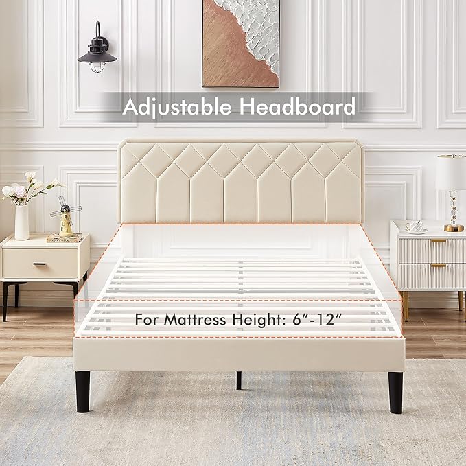 VECELO Queen Size Bed Frame Premium Velvet Upholstered Platform with Height Adjustable Headboard/Mattress Foundation, Solid Wooden Slat Support, No Box Spring Needed/Easy Assembly