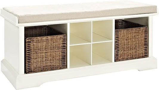 Crosley Furniture Brennan Entryway Storage Bench with Bins and a Shoe Rack Organizer, White