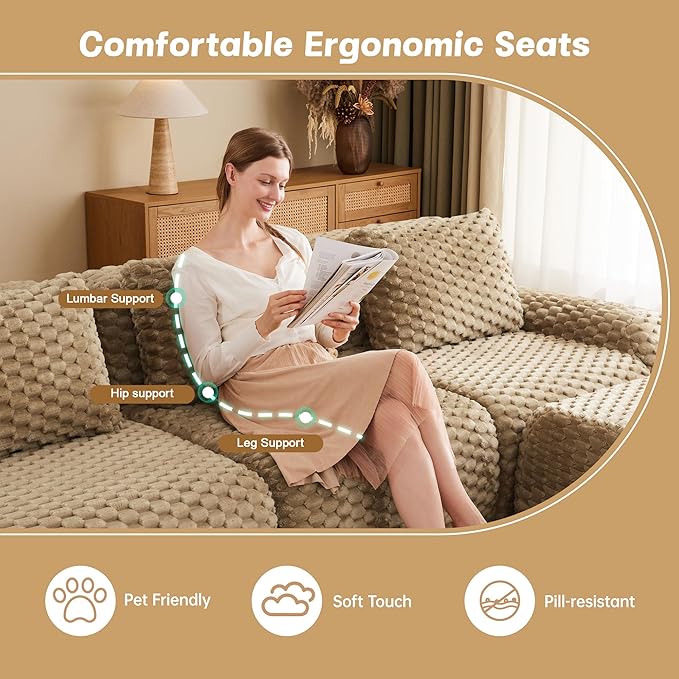 KEIKI 146" Oversized 4-Seater Boneless Couches for Living Room, Extra Deep Modular Sectional Velvet Sofa, Cloud Seating No Assembly Lounge Couch for Family Use, Modern Comfort Design, Light Camel