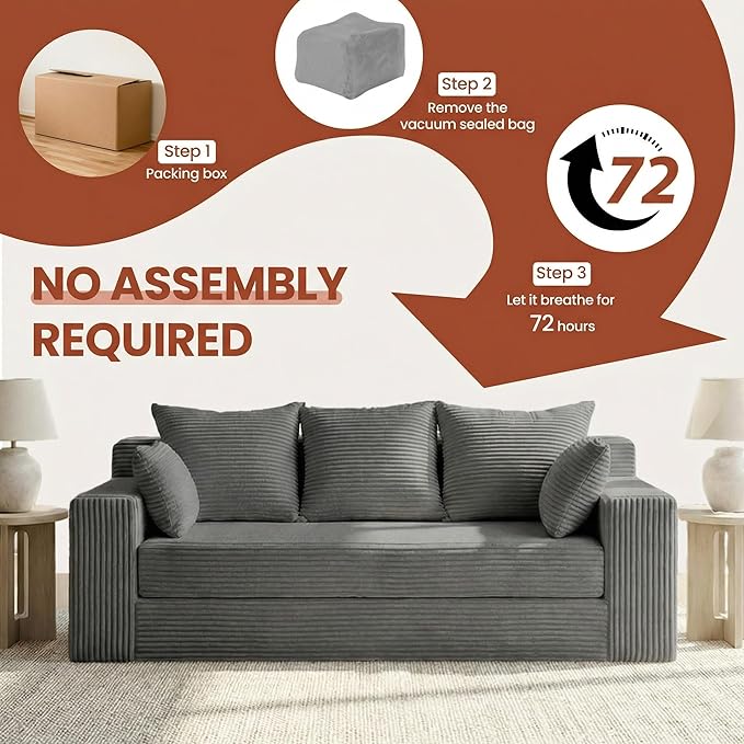 Convertible Sofa Bed, 5 in 1 Small Boneless Couch Pull Out Loveseat Sleeper Sofa,Corduroy Futon Couch Folding Mattress with 4 Pillows for Living Room (Gray, 3 Seater)