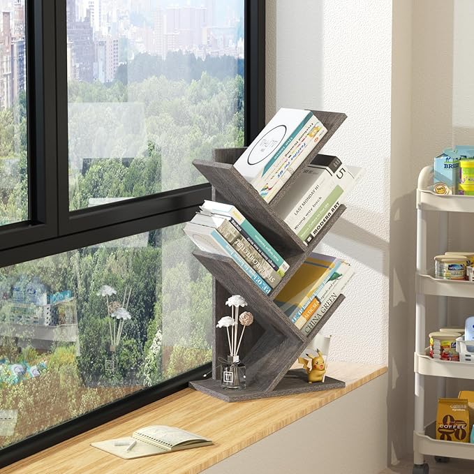 5 Tier Tree Book Shelf, Small Desktop Bookshelf with Storage Organizer, Wood Bookcase, Desk Display Bookshelves, Floor Standing Organizer Bookcases for Living Room,Bedroom,Office - Light Grey