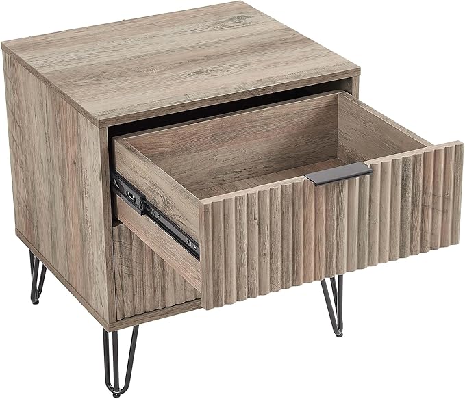 Manhattan Comfort Dumbo Modern Nightstand 2.0 with 2 Metal Feet | Splayed Gold Legs | Vertical Ribbed Design | No Tool Assembly Storage for Bedroom, Set of 2, Rustic Grey