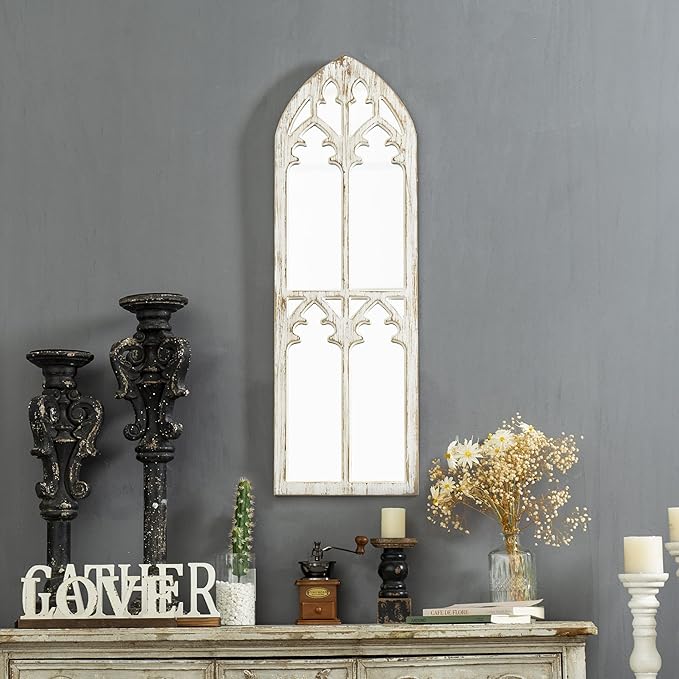 Farmhouse Wood Frame Arched Window Mirror 12 x 38 inches, Hanging Distressed White Rustic Cathedral Hallway Mirrors for Wall, Decorative Long Mirrors for Wall Decor Living Room Entryway