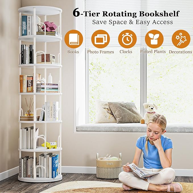 6 Tier Rotating Bookshelf, 360 ° Display Stackable Spinning Bookshelf Tower, Narrow Space Saving Tall Floor Standing Swivel Bookcase Corner Storage Organizer for Bedroom, Living Room