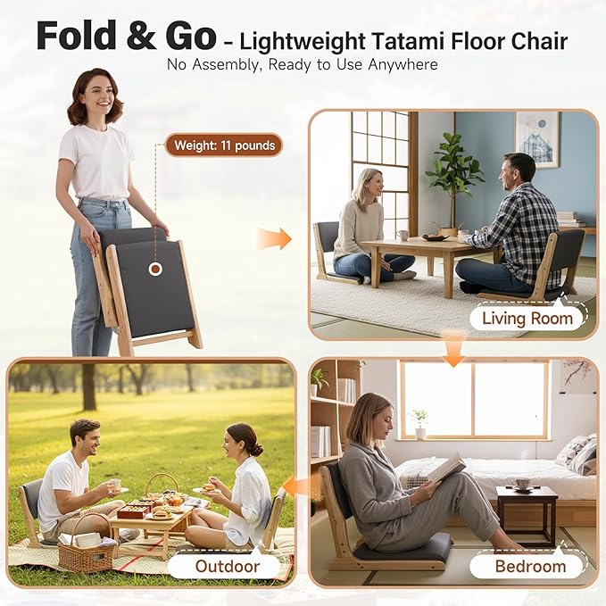 Tiita Foldable Tatami Chair, Japanese Floor Chair, Wood Legless Back Rest Chairs with Cushion, Accent Meditation Floor Chairs Bay Window, Wood Dark Grey