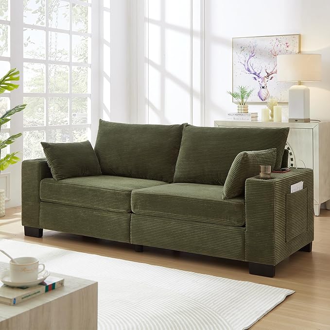 Eafurn 78" Corduroy Loveseat Sofa, Modern 2 Seater Couch with Dual Cup Holders & USB Charging Ports, Comfy Upholstered Small Sofa with Side Storage Pockets for Apartment, Living Room