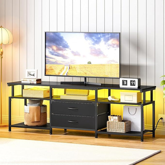 HOOBRO TV Stand with Power Outlet and LED Light, Entertainment Center for TVs Up to 75 Inch, Modern Media Console Table with 2 Non-Woven Drawers, for Living Room, Bedroom,Black BB55UDDS01
