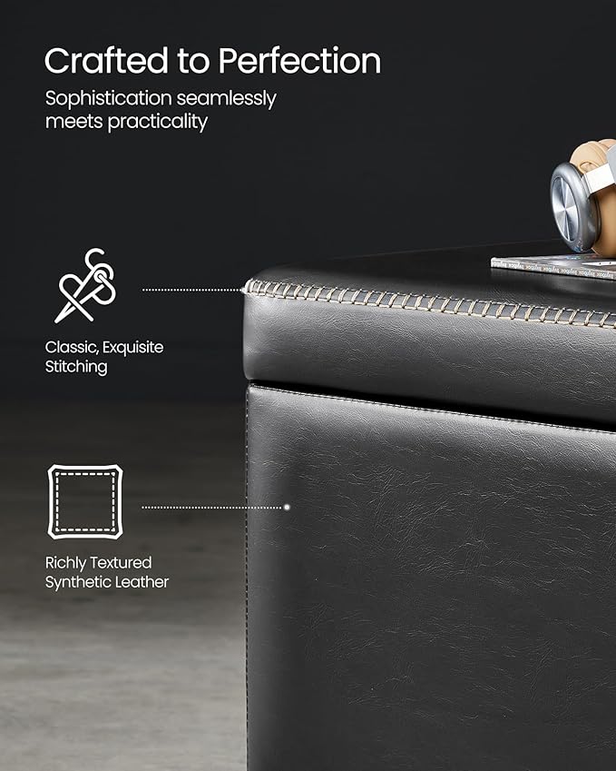 VASAGLE EKHO Collection - Storage Ottoman Bench, Entryway Bedroom Bench, 25 Gallons, Synthetic Leather with Stitching, Mid-Century Modern, Safety Hinges, Loads 660 lb, Ink Black ULOM075B01