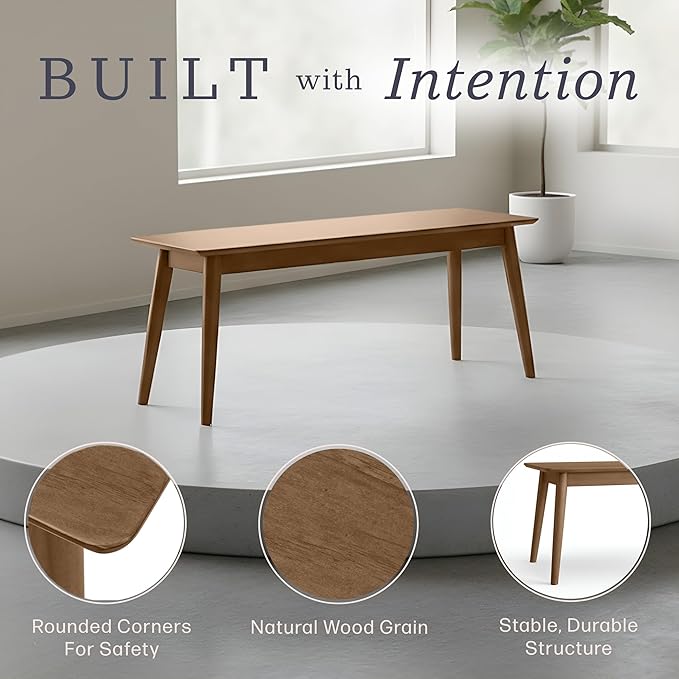 Alaterre Furniture Calais Dining – Mid Century Modern 46-Inch Solid Wood Dining Bench – Entryway Bench with Minimalist Design for Entryway, Dining Room, Kitchen, or Bedroom (Pecan Finish)