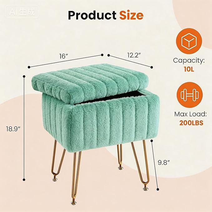 DUMOS Vanity Stool Chair, Ottoman with Storage, Makeup Cute Soft Small Footstool, Modern Style Faux Fur Seat with 4 Metal Legs & Adjustable Feet for Dressing, Living Room, Bedroom, Dorm, Green