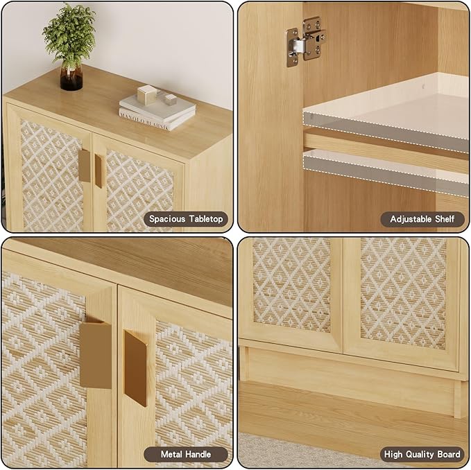 Sideboard Buffets Storage Cabinet, Boho Rattan Accent Cabinet with Doors, Farmhouse Buffet Console Table Coffee Bar for Entryway Kitchen Dining Room, Floral Rattan