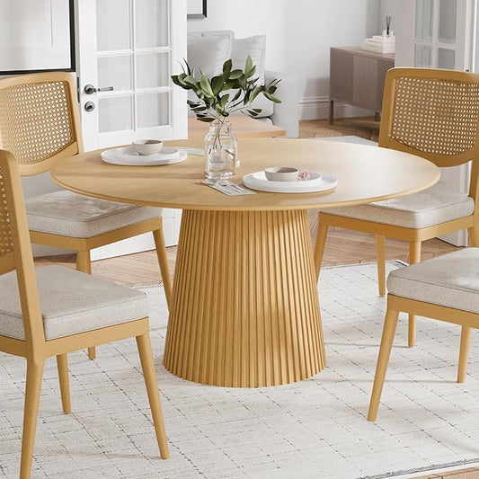 Casaphoria 52" Round Dining Table, Modern Wood Kitchen Table with Cone Grating Bar Base for Living Room & Dining Room, Easy Assembly Farmhouse Furniture for 4-6, Oak