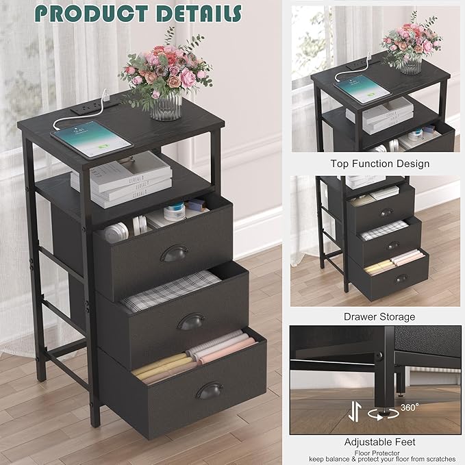 Nightstand with Charging Station,LED Black Nightstand with 3 Fabric Drawers PU Finish, Bedside End Tables, 2-Tier Open Storage Shelf Side Table Nightstand with Drawers for Bedroom,Black