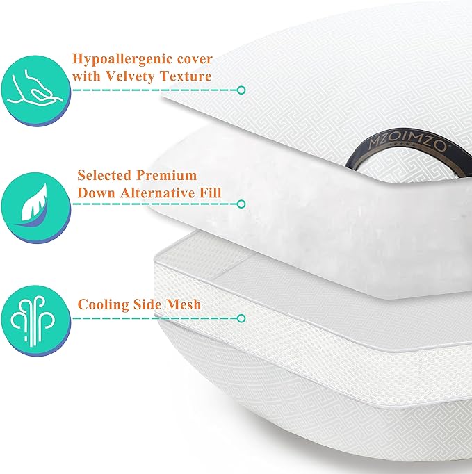 MZOIMZO Luxury Comfy Hotel Collection Bed Pillows for Sleeping- Firm Queen Size Set of 2, Gusseted Cooling Side Mesh Design with Premium Down Alternative Filling for Back, Stomach or Side Sleepers