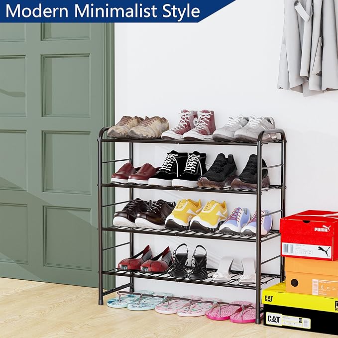REGILLER 4-Tier Stackable Shoe Rack, Expandable & Adjustable Shoe Organizer Storage Shelf, High Capacity, Wire Grid, Black